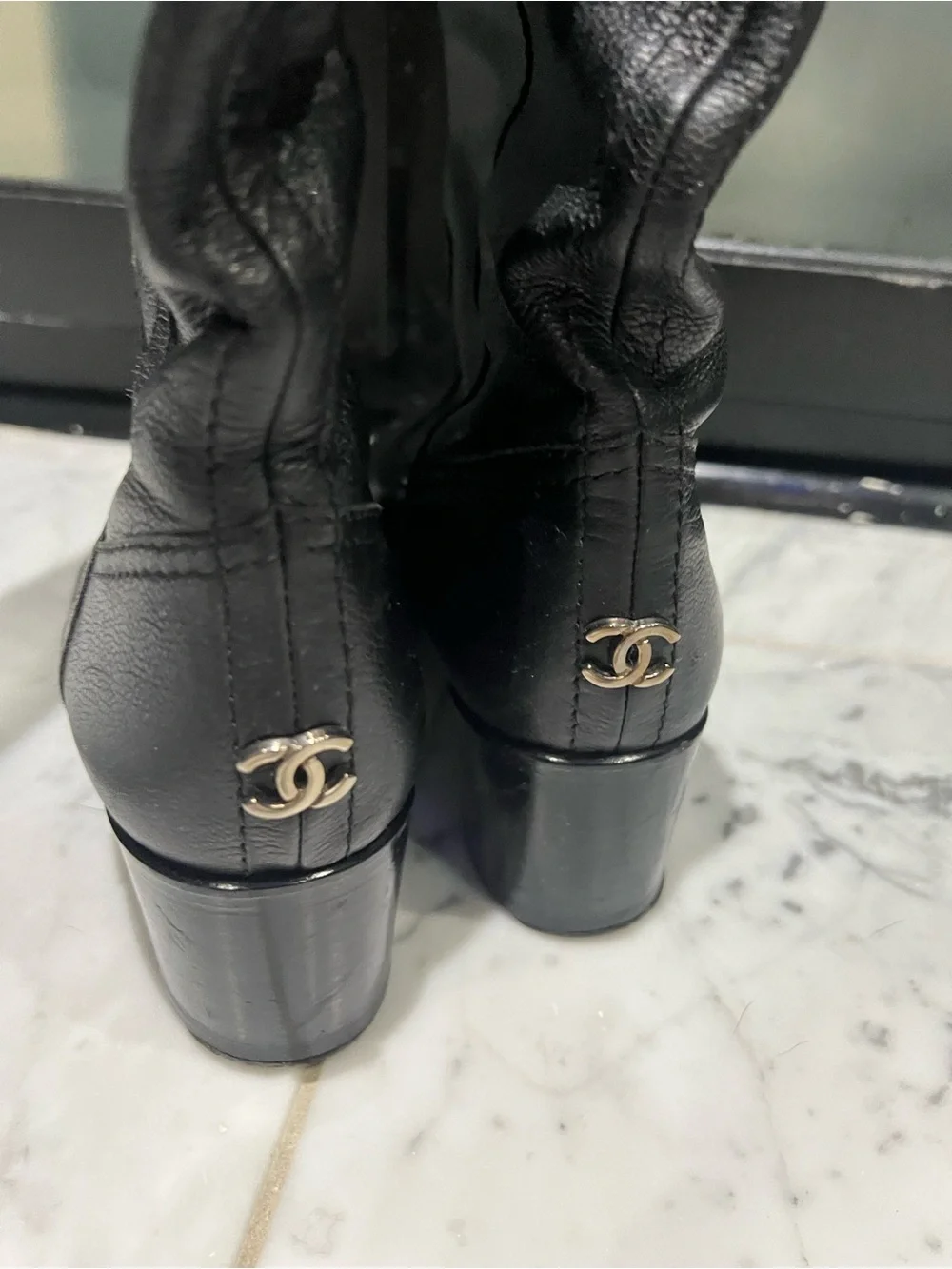 CHANEL Black Leather Over-the-Knee Boots (with CC detail)
